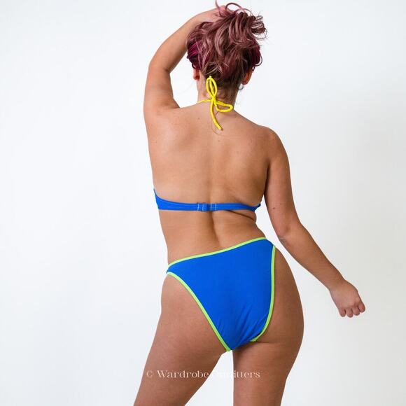 Vintage 90s Hobie Neon Green Blue Striped Full High Waist V Cut Bikini Set - Picture 4 of 10